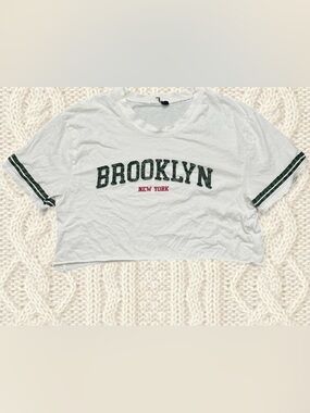 Brooklyn Cropped Tee with Green Stripe Detail - White